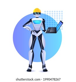 robot engineer in helmet using laptop modern robotic character artificial intelligence concept