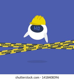 A robot engineer wearing a hard hat. Caution. Danger yellow tape. Industrial illustration. New technologies. Flat vector illustration, clip art. 