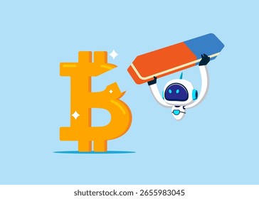 Robô com borracha removido Bitcoin símbolo. Problema de risco financeiro e Problema de dinheiro econômico global, Bankruptcy dívida de empréstimo não pago, falha de investimento. Ilustração vetorial