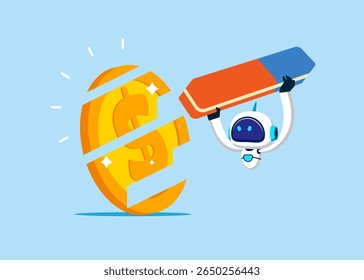 Robot with eraser removed dollar coin. Finance risk problem and Global economic money problem, Bankruptcy unpaid loan debt, investment failure. Flat vector illustration