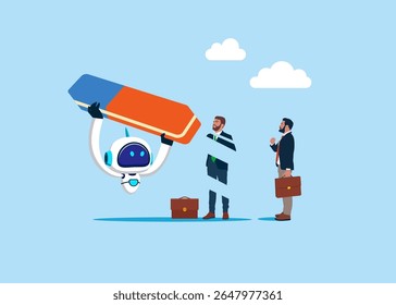 Robot with eraser removed employee. Losing job, unemployment, finance crisis. Modern vector illustration in flat style