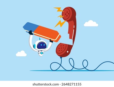 Robot with eraser  removed furious complain telephone. Customer complaint, dissatisfaction from product or service problem, angry feedback from client. Flat  vector illustration