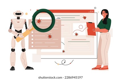 Robot error concept. Artificial intelligence checks code and fixes errors. Antivirus and fighting bugs in program or application. Bot helper and assistant. Cartoon flat vector illustration