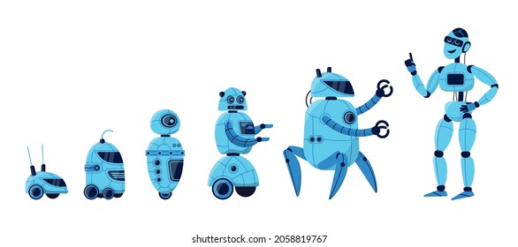 Robot evolution cartoon vector illustration set. Different models of robot characters from simple bot to humanoid android. Artificial intelligence, tech innovation, modern technologies concept