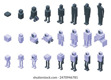 Iconos de evolución de robots conjunto isométrico Vector. Una serie de figuras de robots en varias etapas de desarrollo. La primera figura es un Pequeño robot con una caja en la cabeza