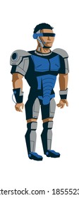 Robot evolution, man in metal exoskeleton, artificial intelligence technological progress cartoon vector in blue color Robots development