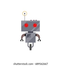 Robot evolution, retro android with wheel and antenna, cartoon vector illustration isolated on white background. Simple retro, vintage metal robot with wheel and antenna, cartoon style illustration