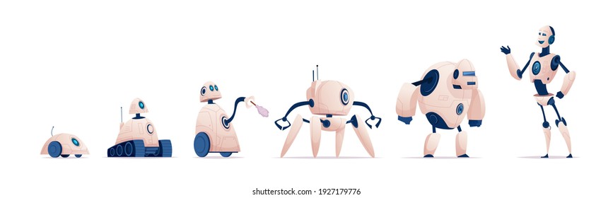 Evolución robótica. Sistemas de ciborg de la industria inteligente androides civiles o militares y humanoides de los personajes de los dibujos animados de los vectores exactos de acero