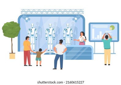 Robot exhibition stand vector illustration. Innovation science exposition in hall with visitors. Future technology and artificial intelligence show