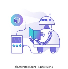 Robot exploring new bit of information and reading book. Concept of machine learning