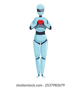 Robot expressing emotions, holding red heart in hands, artificial intelligence concept