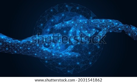 The robot extends its hand to a person against the background of the digital world. Global network. Mutually beneficial cooperation with artificial intelligence. Low-poly construction.