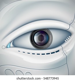 Robot face with the camera lens in the eye. Stock vector futuristic illustration