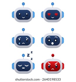 Robot face emoji set vector emotions icons for chatbot or AI. Vector illustration