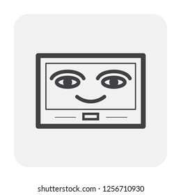Robot face inside tablet or digital screen display vector icon design. That mobile computer or smart phone with software and microchip or processor. Concept of technology, future and futuristic.