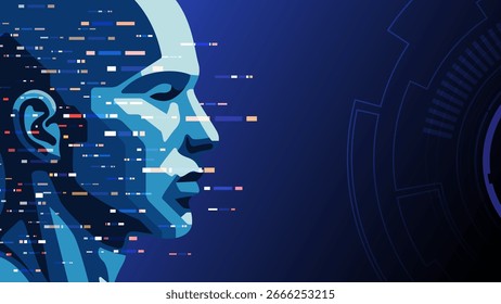 Robot face and pixel line on blue background. Digital data in AI system. Human future technology computer science vector
