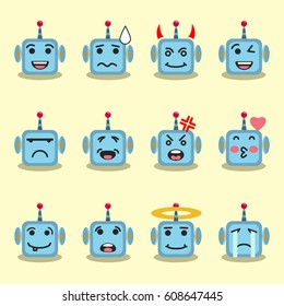 Robot faces with emotion on the yellow background. Flat icons