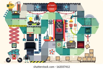 Robot factory board game for kids; infographics charts; symbols; graphic elements; illustrator vector; illustrator vector