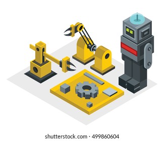 Robot Factory In Isometric Style. Vector Illustration