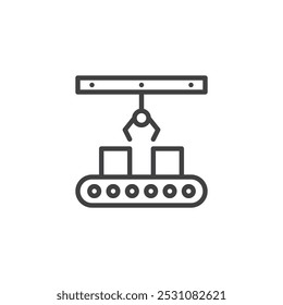 Icono de línea de Robot Factory. signo de estilo lineal para concepto móvil y Diseño web. Icono de Vector de contorno de banda transportadora y brazo robótico. Símbolo, ilustración del logotipo. Gráficos de Vector