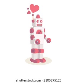 Robot falling in love. Retro toy robot and hearts drawing in cartoon style. Part of set.