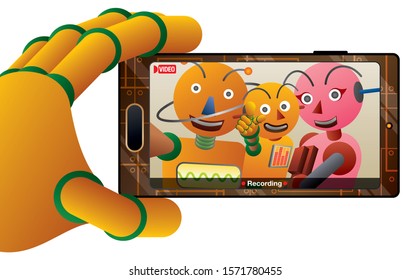 Robot family taking a video with their smartphone