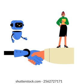 Robot And Female Businesswoman Shaking Hands In Flat Vector Illustration Symbolizing Partnership, Innovation, And Artificial Intelligence Integration, Isolated On White Background.