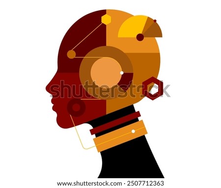 Robot with female face in abstract geometric style. Cyborg woman with beautiful face, side view, profile portrait of humanoid Simplicity flat vector illustration. Isolated