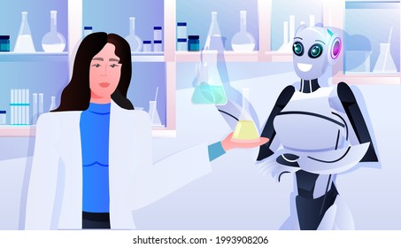 robot with female scientist making chemical experiments in lab genetic engineering artificial intelligence concept