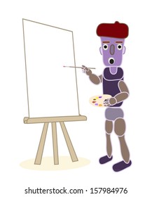 Robot figure with palette and paint brush. Vector EPS 10.