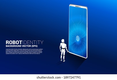 Robot with Finger scan access icon on mobile phone screen. concept of artificial intelligence and machine learning identity.