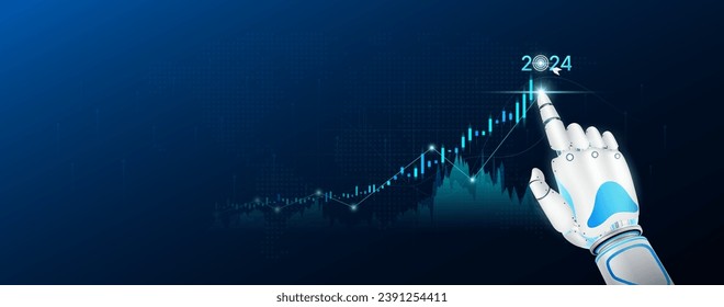 Robot fingers touch chart stock market 2024. Analysis candlestick with AI technology up trend of graph growth. Planning business strategy financial investment. With empty space for text. Vector EPS10.