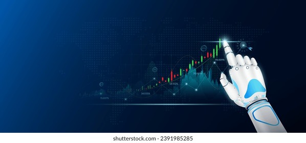 Robot fingers touch chart stock market. Analysis candlestick with AI technology up trend of graph growth. Planning business strategy financial investment. With empty space for text. Vector EPS10.