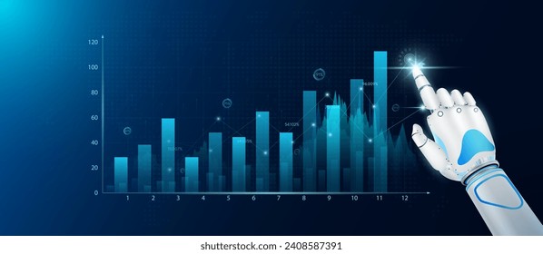 Robot fingers touch chart stock market. Analysis candlestick with AI technology up trend of graph growth. Planning business strategy financial investment. With empty space for text. Vector EPS10.