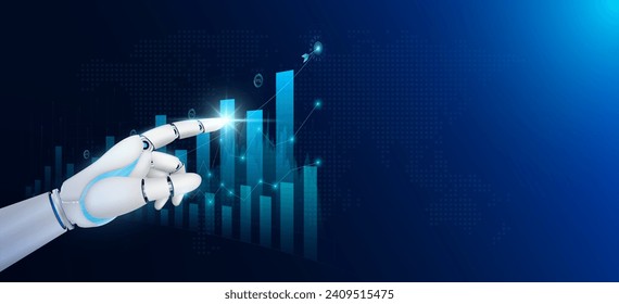 Robot fingers touch chart stock market. Analysis candlestick with AI technology up trend of graph growth. Planning business strategy financial investment. With empty space for text. Vector EPS10.
