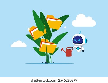 Robot finish watering growing money plant seedling with coin folder. Backup up data transfer. Organize files folder. Modern vector illustration in flat style