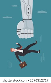 Robot fist punches businessman. Unlucky employee falls from height. Replacing human with robot with artificial intelligence. Chatbot with AI is better and stronger. flat vector illustration