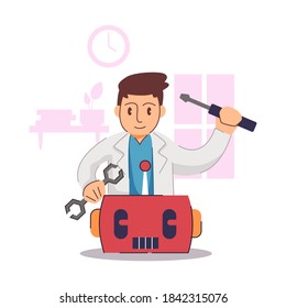 robot fixation vector. man repair robotic illustration. flat style design