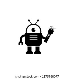 Robot with flashlight in hand icon on white background