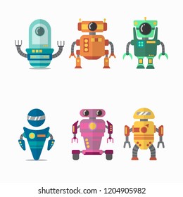 Robot flat icons set. Web vector sign kit of toy. Character pictogram collection includes transformer, cyborg, machine. Simple robot colorful icon symbol on white background
