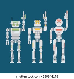 Robot flat icons vector set. Machine technology ai, intelligence artificial cyborg, science robotic illustration