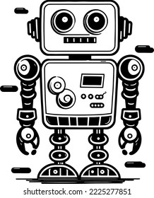 Robot  Flat Vector Cartoon Illustration. black and white robo for copy space. for design assests. Retro Robo Black and White Illustration