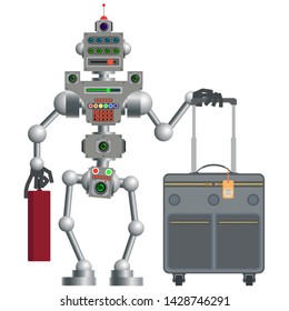 The robot flew by plane to the destination. Got baggage and went about their business. Vector illustration