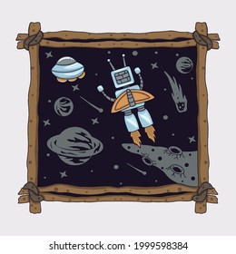 The robot flies on a rocket to its spaceship illustration