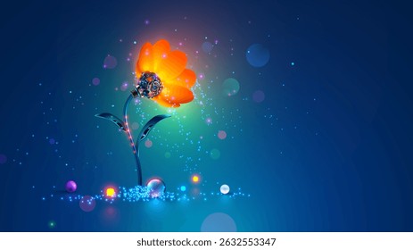A flor de robôs floresceu no ciberespaço, simbolizando o surgimento da IA. Papel de parede com bela flor cibernética com luzes de neon. Inteligência artificial ou IA em imagem flor mágica robótica.