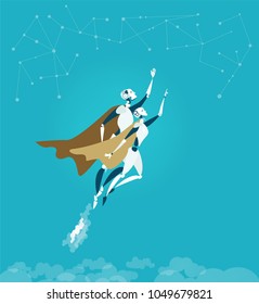 Robot flying in sky, getting ready to help and bring assistance. 