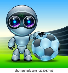 robot with a football in the arena of the stadium