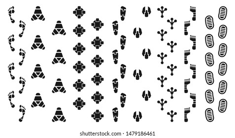 Robot footprints tracks, humanoids or bipedal walking machine footprints icons and trails, android or cyborg footsteps silhouettes pattern, path marking design elements