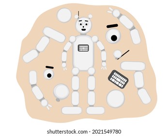 A robot in the form of an abstract person and its parts. Illustration for the design of a master class, mug, robotics lesson on a white background.