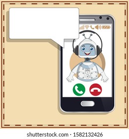 Robot in the form of call center operator in the phone. Vector illustration.
